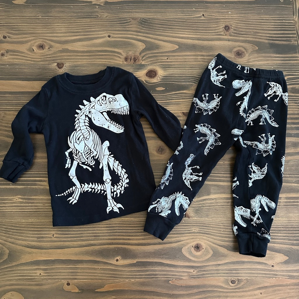 Baby Dinosaur Skeleton Pajama Set 18-24M Black White Cotton Sleepwear T-Rex